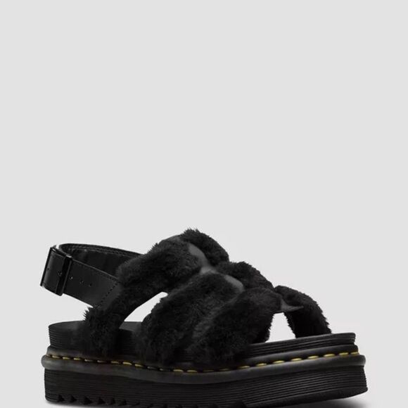 Dr. Martens Yelena Black Teddy Faux Fur Strap Lug Sole Sandals Sz 7 - Picture 3 of 9